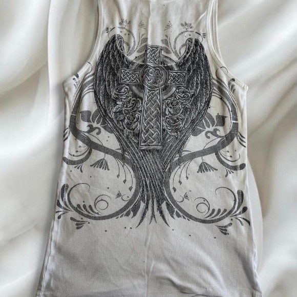 Affliction Tops - Angel wing cross graphic rhinestone tank top y2k vintage grunge skater